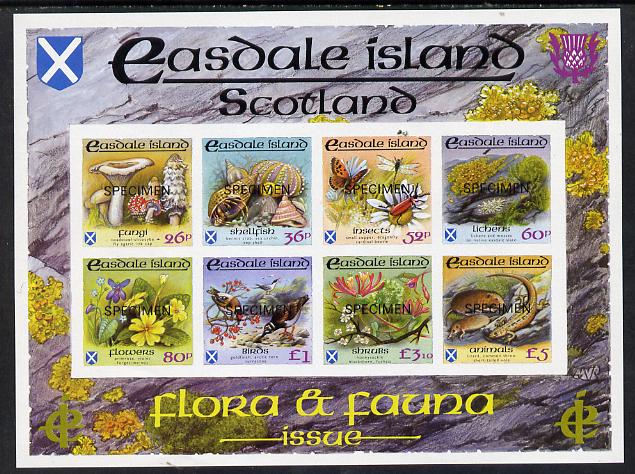 Easdale 1988 Flora & Fauna definitive imperf sheetlet containing complete set of 8 values (26p to ) each overprinted SPECIMEN unmounted mint, stamps on animals  birds  butterflies  flowers  fungi  marine-life  shells      goldfinch    tern    turnstone, stamps on violas