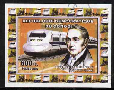 Congo 2006 George Stephenson #3 with modern Train imperf sheetlet cto used, stamps on , stamps on  stamps on personalities, stamps on  stamps on railways, stamps on  stamps on 