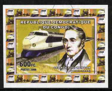 Congo 2006 George Stephenson #4 with Japanese Bullet Train imperf sheetlet cto used, stamps on , stamps on  stamps on personalities, stamps on  stamps on railways, stamps on  stamps on 