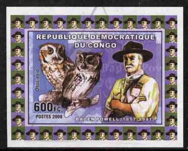 Congo 2006 Baden Powell #1 with Asian Screech Owl imperf sheetlet cto used, stamps on , stamps on  stamps on personalities, stamps on  stamps on scouts, stamps on  stamps on birds, stamps on  stamps on owls, stamps on  stamps on birds of prey