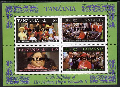 Tanzania 1987 Queen's 60th Birthday perf m/sheet opt'd SPECIMEN (as SG MS 521) unmounted mint, stamps on , stamps on  stamps on royalty     60th birthday