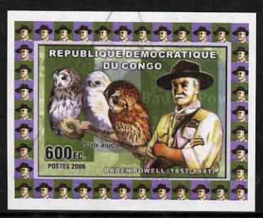 Congo 2006 Baden Powell #4 with Tawny Owl imperf sheetlet cto used, stamps on personalities, stamps on scouts, stamps on birds, stamps on owls, stamps on birds of prey
