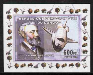 Congo 2006 Jules Verne #2 with Space Shuttle imperf sheetlet cto used (Concorde, Minerals, Balloons & Dinosaur in margin), stamps on personalities, stamps on science, stamps on sci-fi, stamps on literature, stamps on shuttle, stamps on space