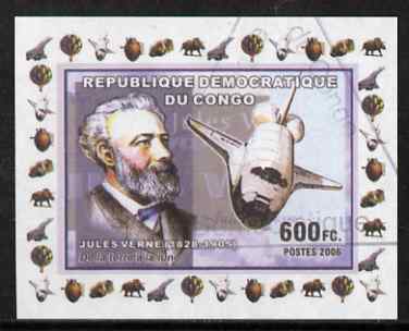 Congo 2006 Jules Verne #2 with Space Shuttle imperf sheetlet cto used (Concorde, Minerals, Balloons & Dinosaur in margin), stamps on , stamps on  stamps on personalities, stamps on  stamps on science, stamps on  stamps on sci-fi, stamps on  stamps on literature, stamps on  stamps on shuttle, stamps on  stamps on space