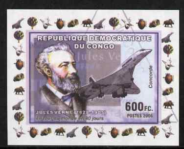 Congo 2006 Jules Verne #3 with Concorde imperf sheetlet cto used (Space Shuttle, Minerals, Balloons & Dinosaur in margin), stamps on , stamps on  stamps on personalities, stamps on  stamps on science, stamps on  stamps on sci-fi, stamps on  stamps on literature, stamps on  stamps on aviation, stamps on  stamps on concorde