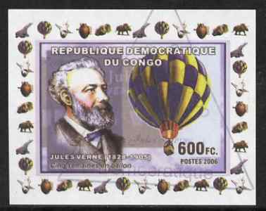 Congo 2006 Jules Verne #4 with Balloon imperf sheetlet cto used (Space Shuttle, Minerals, Concorde & Dinosaur in margin), stamps on , stamps on  stamps on personalities, stamps on  stamps on science, stamps on  stamps on sci-fi, stamps on  stamps on literature, stamps on  stamps on aviation, stamps on  stamps on balloons