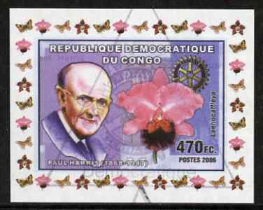 Congo 2006 Paul Harris #1 with Laeliocattleya Orchid imperf sheetlet cto used , stamps on , stamps on  stamps on personalities, stamps on  stamps on rotary, stamps on  stamps on orchids, stamps on  stamps on flowers