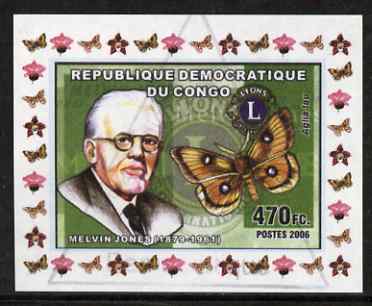 Congo 2006 Melvin Jones (Lions Int) #2 with Aglia tau Butterfly imperf sheetlet cto used , stamps on personalities, stamps on lions int, stamps on butterflies