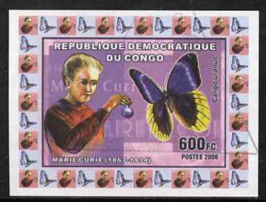 Congo 2006 Marie Curie with Caligo uranus Butterfly imperf sheetlet cto used , stamps on , stamps on  stamps on personalities, stamps on  stamps on medical, stamps on  stamps on butterflies, stamps on  stamps on nobel, stamps on  stamps on science