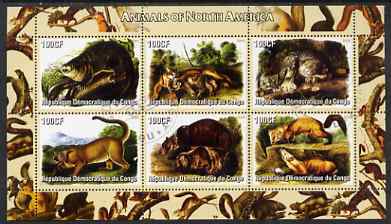 Congo 2005 Audubon Animals of North America perf sheetlet containing 6 values fine cto used, stamps on animals, stamps on bears, stamps on cats, stamps on audubon