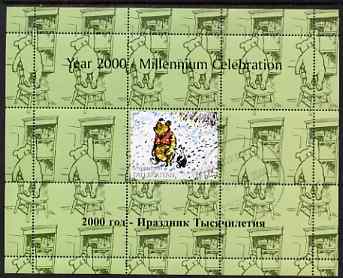 Tadjikistan 1999 Winnie the Pooh perf sheetlet #4 containing 1 stamp & 8 labels (green background colour), unmounted mint, stamps on , stamps on  stamps on bears, stamps on  stamps on children, stamps on  stamps on cartoons, stamps on  stamps on owls, stamps on  stamps on teddy bears, stamps on  stamps on honey