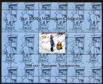 Tadjikistan 1999 Winnie the Pooh perf sheetlet #6 containing 1 stamp & 8 labels (blue background colour), unmounted mint, stamps on , stamps on  stamps on bears, stamps on  stamps on children, stamps on  stamps on cartoons, stamps on  stamps on owls, stamps on  stamps on teddy bears, stamps on  stamps on honey