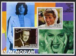 Somalia 2001 In Memoriam - Princess Diana & Walt Disney #11 perf sheetlet containing 2 values with Mick Jagger & Madonna in background fine cto used, stamps on personalities, stamps on millennium, stamps on films, stamps on cinema, stamps on disney, stamps on royalty, stamps on diana, stamps on rock, stamps on music, stamps on 