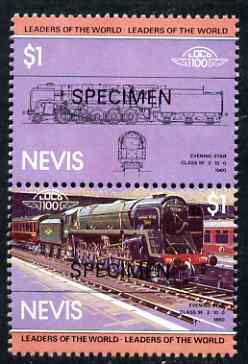 Nevis 1983 Locomotives #1 (Leaders of the World) Evening Star $1 perf se-tenant pair overprinted SPECIMEN, unmounted mint as SG 134a, stamps on , stamps on  stamps on railways