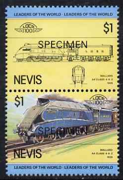 Nevis 1983 Locomotives #1 (Leaders of the World) Mallard $1 perf se-tenant pair overprinted SPECIMEN, unmounted mint as SG 142a, stamps on railways