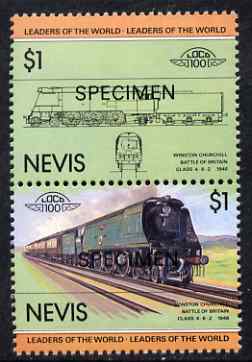 Nevis 1983 Locomotives #1 (Leaders of the World) Winston Churchill $1 perf se-tenant pair overprinted SPECIMEN, unmounted mint as SG 140a, stamps on railways, stamps on churchill