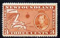 Newfoundland 1937 KG6 Coronation Map 3c die I (line perf 13.5 from 'long' KG6 Coronation set) unmounted mint, SG 258c, stamps on , stamps on  stamps on maps, stamps on  stamps on  kg6 , stamps on  stamps on 