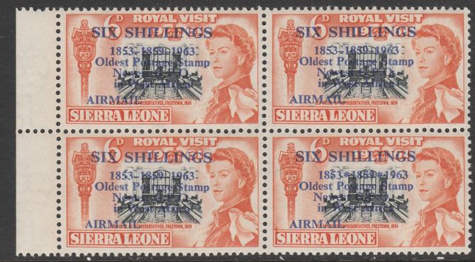 Sierra Leone 1963 Postal Commemoration 6s on 6d (House of Representatives) marginal block of 4, one stamp with asterisks variety, unmounted mint SG 283b, stamps on constitutions  postal  varieties