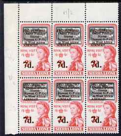 Sierra Leone 1963 Postal Commemoration 7d on 3d corner block of 8, one stamp with 1895 for 1859 error and one stamp with raised spacer unmounted mint, SG 279a & 279var, stamps on postal  varieties