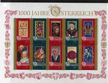 Austria 1996 Millenary of Otto III Charter in sheetlet of 10 unmounted mint, SG 2435a, stamps on , stamps on  stamps on stained glass, stamps on  stamps on arms, stamps on  stamps on heraldry, stamps on  stamps on royalty, stamps on  stamps on horses, stamps on  stamps on jewelry