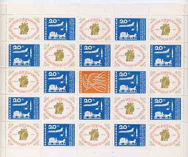 Bulgaria 1964 First National Stamp Exhibition, Sofia 20st se-tenant with label in sheetlet of 12 (12 stamps, 12 labels depicting a woman's head and one centre label depicting a sylised bid) unmounted mint, SG1474, stamps on stamp exhibitions, stamps on aviation, stamps on space, stamps on transport