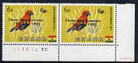 Ghana 1965 New Currency 6p on 6d Bishop Bird corner pair, one stamp with 'broken 1 in 19th July' unmounted mint, SG 385var, stamps on , stamps on  stamps on birds, stamps on  stamps on flags