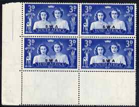 South West Africa 1947 KG6 Royal Visit 3d corner block of 4 including one stamp with Blinded Princess variety, unmounted mint, SG 136var, stamps on royalty, stamps on  kg6 , stamps on 