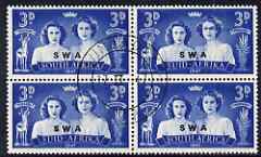 South West Africa 1947 KG6 Royal Visit 3d block of 4 including one stamp with 'Blinded Princess' variety, very fine cds used, SG 136var, stamps on , stamps on  stamps on royalty, stamps on  stamps on  kg6 , stamps on  stamps on 