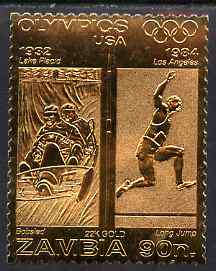 Zambia 1984 Los Angeles Olympic Games 90n perf embossed in 22k gold foil showing Bobsled & Long Jump unmounted mint, stamps on , stamps on  stamps on olympics, stamps on  stamps on bobsled, stamps on  stamps on long jump