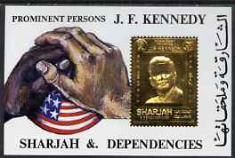 Sharjah 1972 (?) Kennedy 6r m/sheet with main design embossed in gold unmounted mint, stamps on , stamps on  stamps on kennedy, stamps on  stamps on personalities, stamps on  stamps on usa presidents