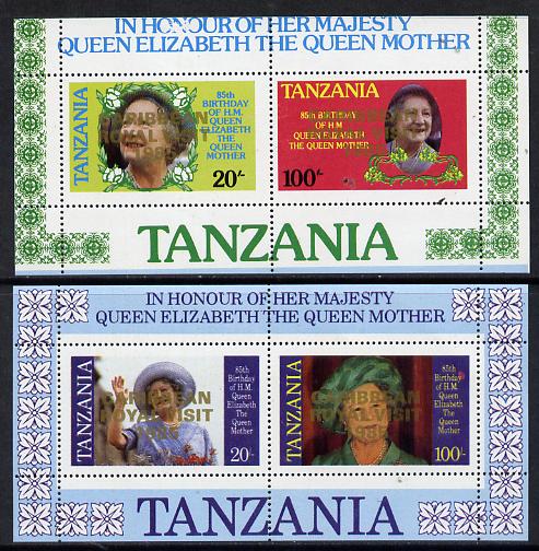 Tanzania 1985 Life & Times of HM Queen Mother perf proof set of 2 m/sheets each with 'Caribbean Royal Visit 1985' opt in gold (unissued) unmounted mint, stamps on , stamps on  stamps on royalty, stamps on royal visit , stamps on queen mother