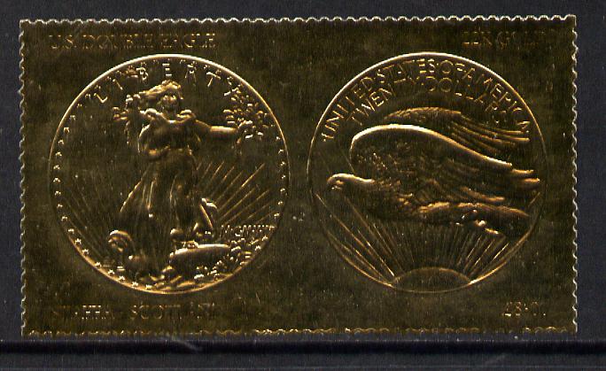 Staffa 1980 US Coins (1907 Double Eagle $20 coin both sides) on A38 perf label embossed in 22 carat gold foil (Rosen 903a) unmounted mint, stamps on , stamps on  stamps on coins     americana   birds of prey