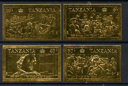 Tanzania 1987 Queen's 60th Birthday imperf set of 4 values embossed in 22k gold foil unmounted mint (as SG 517-20), stamps on , stamps on  stamps on royalty     60th birthday