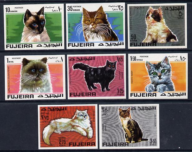 Fujeira 1967 Cats imperf set of 8 unmounted mint (Mi 206-13B) , stamps on animals, stamps on cats