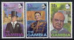 Gambia 1974 Birth Centenary of Sir Winston Churchill perf set of 3 unmounted mint SG 320-22, stamps on , stamps on  stamps on churchill, stamps on  stamps on personalities, stamps on  stamps on 