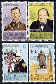 St Kitts-Nevis 1974 Birth Centenary of Sir Winston Churchill perf set of 4 unmounted mint SG 307-10, stamps on , stamps on  stamps on churchill, stamps on  stamps on personalities, stamps on  stamps on london, stamps on  stamps on states, stamps on  stamps on arms, stamps on  stamps on heraldry