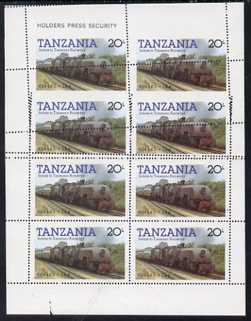 Tanzania 1985 Locomotive 6004 20s value (SG 432) unmounted mint sheetlet of 8 with dramatically misplaced perforations, spectacular, stamps on railways, stamps on big locos