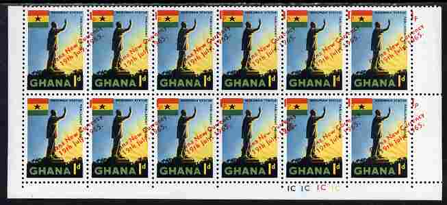 Ghana 1965 New Currency 1p on 1d Nkrumah Statue plate block of 12 (lower 2 rows) with superb misplacemebt of overprint and surcharge giving left 2 stamps without new valu..., stamps on statues