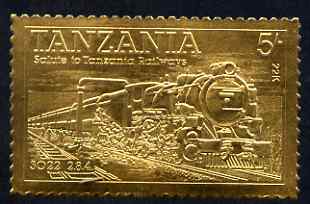 Tanzania 1985 Railways 5s (Loco 3022) embossed in 22k gold unmounted mint as SG 430, stamps on railways