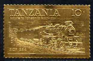 Tanzania 1985 Railways 10s (Loco 3107) embossed in 22k gold unmounted mint as SG 431, stamps on railways