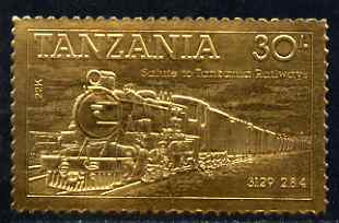 Tanzania 1985 Railways 30s (Loco 3129) embossed in 22k gold unmounted mint as SG 433, stamps on railways