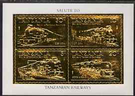 Tanzania 1985 Railways perf m/sheet embossed in 22k gold unmounted mint as SG MS 434, stamps on , stamps on  stamps on railways