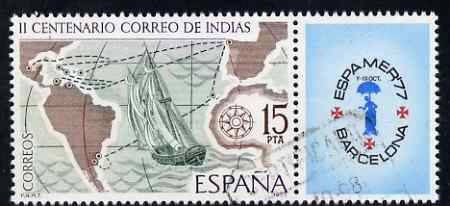 Spain 1977 Mail to the Indies & Stamp Exhibition 15pt se-tenant with label commercially used, SG 2486, stamps on stamp exhibitions, stamps on ships, stamps on maps, stamps on 