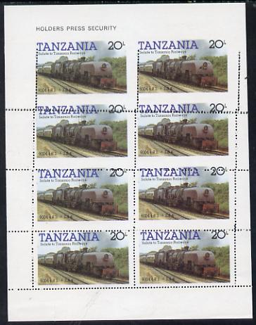 Tanzania 1985 Locomotive 6004 20s value (SG 432) unmounted mint sheetlet of 8 part imperf and part with misplaced perforations, a spectacular item, stamps on , stamps on  stamps on railways, stamps on big locos