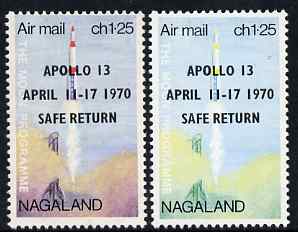 Nagaland 1970 Safe Return of Apollo 13 opt on 1c25 perf Moon Programme with red omitted plus normal, both unmounted mint, stamps on space, stamps on apollo