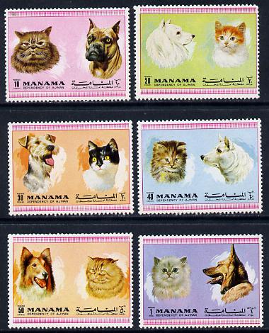 Manama 1972 Cats & Dogs perf set of 6 unmounted mint (Mi 869-74A), stamps on , stamps on  stamps on animals, stamps on  stamps on cats, stamps on  stamps on dogs