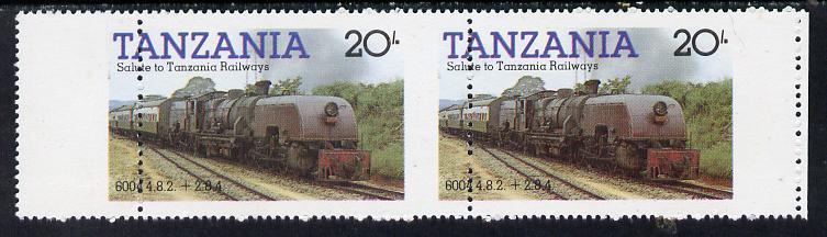 Tanzania 1985 Locomotive 6004 20s value (SG 432) unmounted mint horiz pair with vert perfs shifted 8mm, stamps on , stamps on  stamps on railways, stamps on big locos