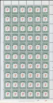 Seychelles 1964-65 Postage Due 3c scarlet & green wmk block CA complete sheet of 60 unmounted mint, SG D10, stamps on 