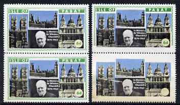 Pabay 1968 Churchill 6d perf vert pair with green partially omitted on upper stamp and completely omiited on lower stamp (including face value) due to a paper fold plus n..., stamps on churchill, stamps on constitutions, stamps on personalities, stamps on london