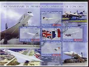 Madagascar 2006 30th Anniversary of Concorde #1 large perf sheetlet containing 4 values plus label cto used, stamps on , stamps on  stamps on aviation, stamps on  stamps on concorde, stamps on  stamps on flags